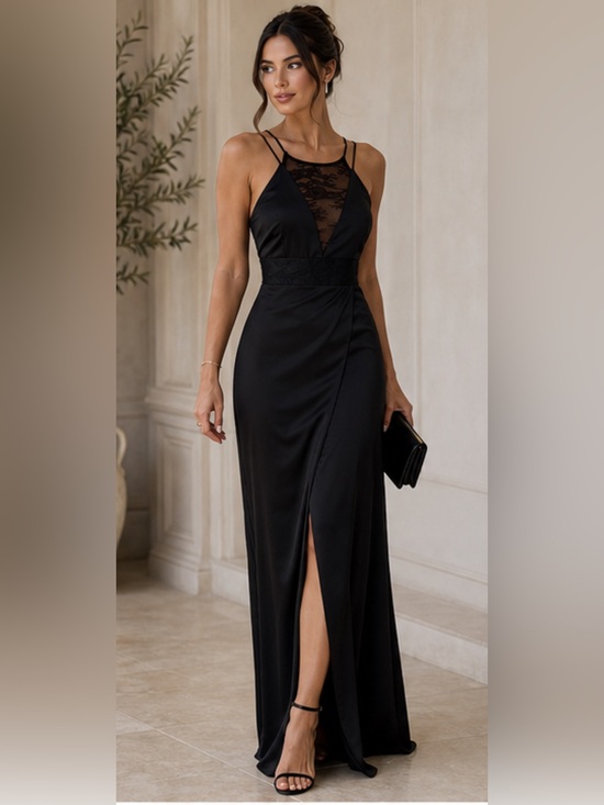 BCBGeneration Dresses & Skirts - BCBGeneration Black Satin Lace Inset Maxi Dress Sz 4 Strappy Back Evening Formal